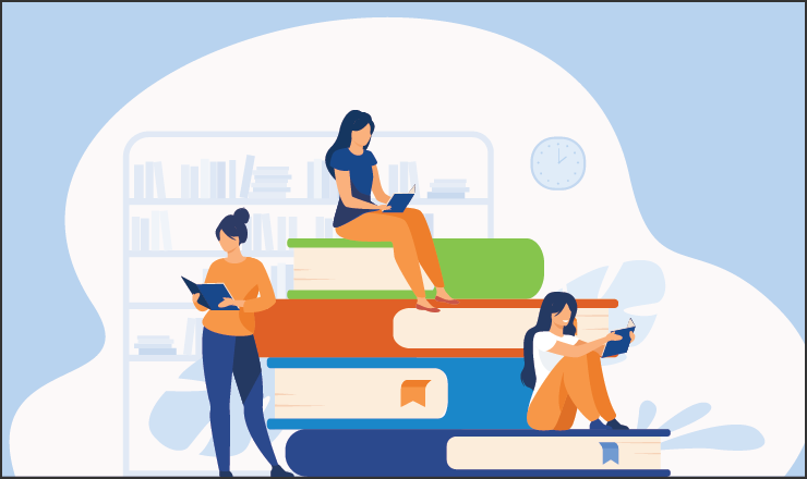 stack of books with people reading