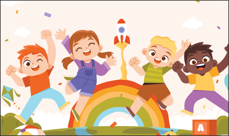 Kids jumping over rainbow