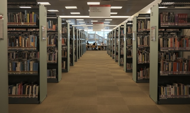 Rows of book shelves with central hallway